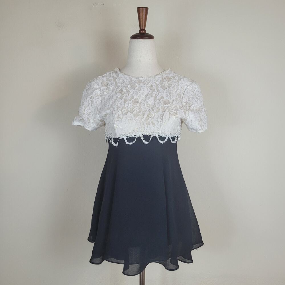 VTG Jessica McClintock Dress Girls 8 White Black Lace Chiffon Whimsy Fairy Flowy